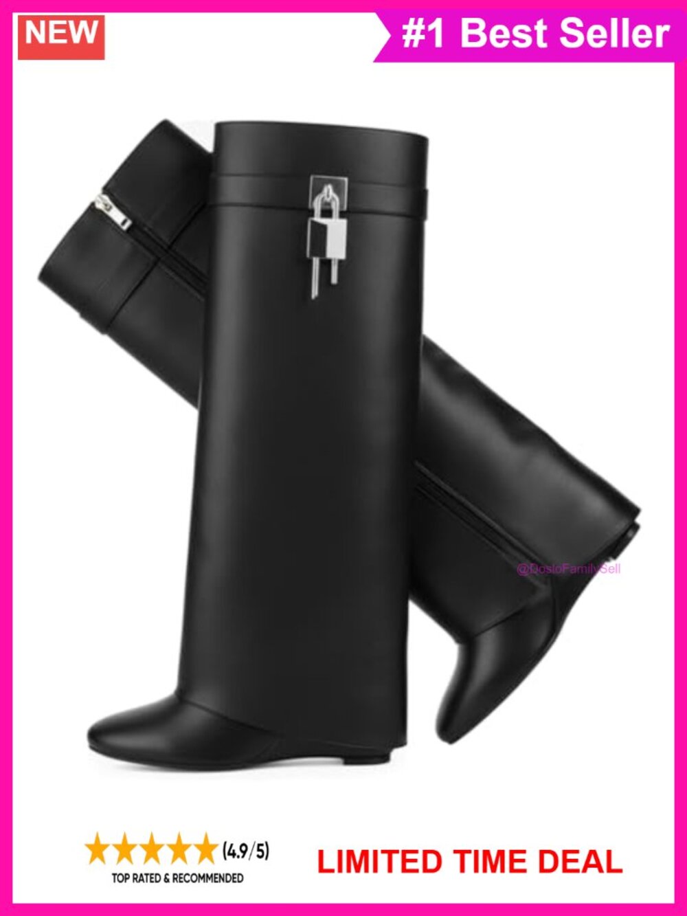 GORBINETI Faux Leather Knee High Wedge Boots Fold Over Pointed Toe